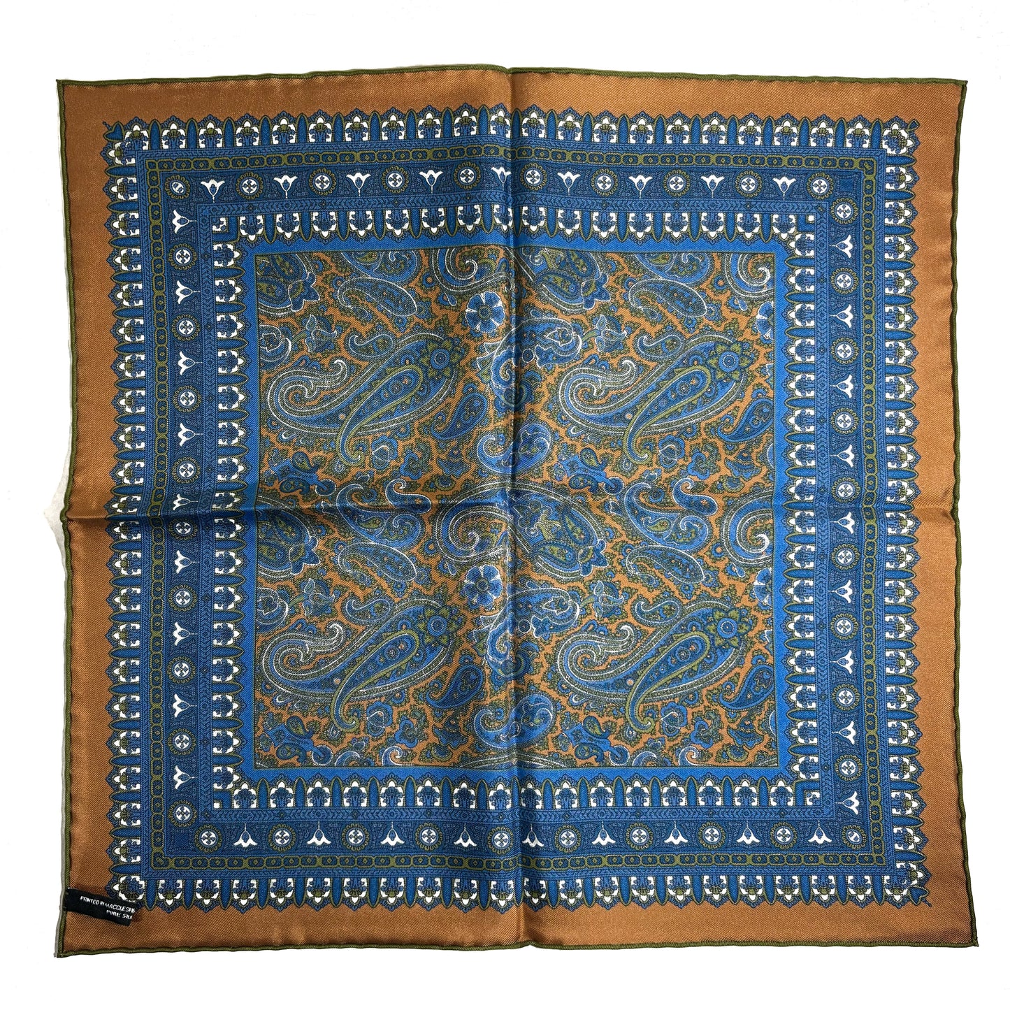 Honey Orange & Blue Paisley Silk Pocket Square