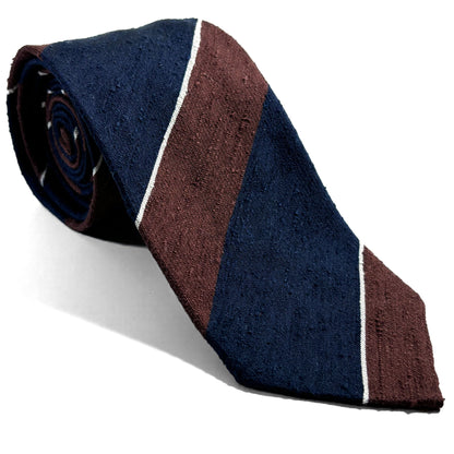 Untipped Navy Blue & Brown Block Stripe Silk Shantung Tie