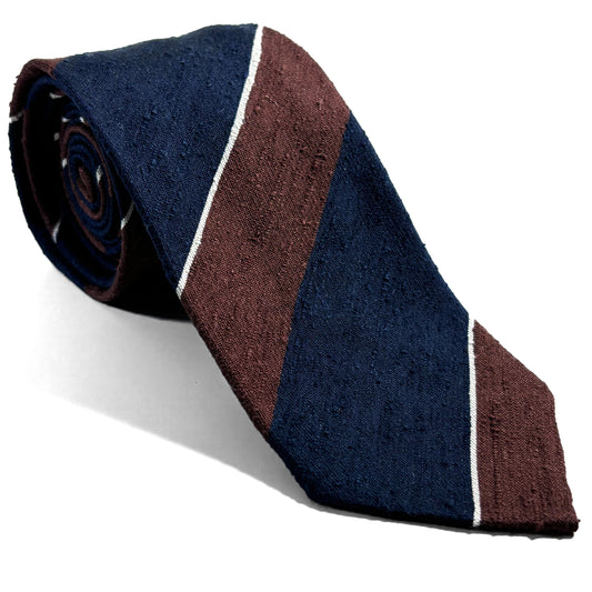 Untipped Navy Blue & Brown Block Stripe Silk Shantung Tie