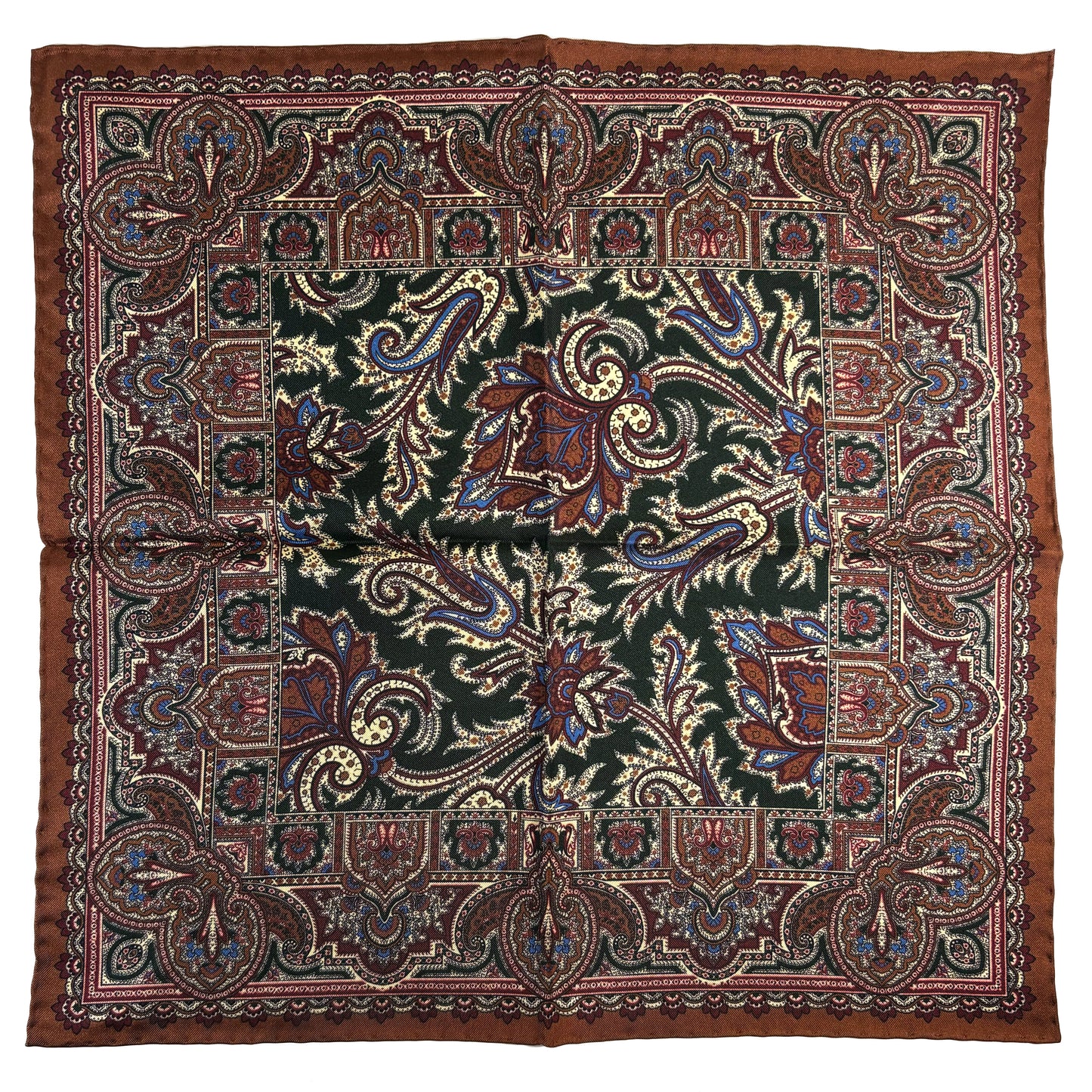 Forest Green & Brown Floral Motif Ancient Madder Silk Pocket Square