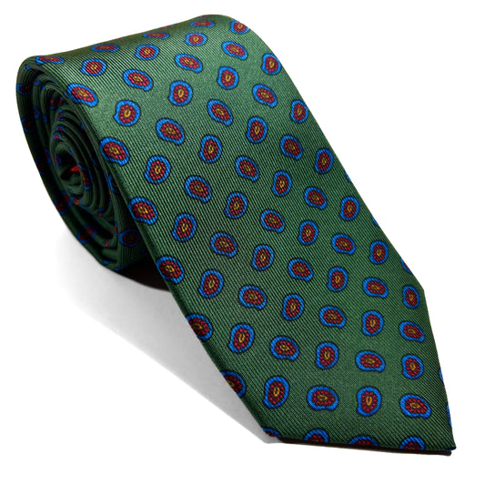 Slim Screen-Printed Green Paisley Foulard Silk Tie