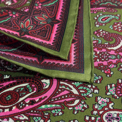Olive Green & Pink Paisley Ancient Madder Silk Pocket Square