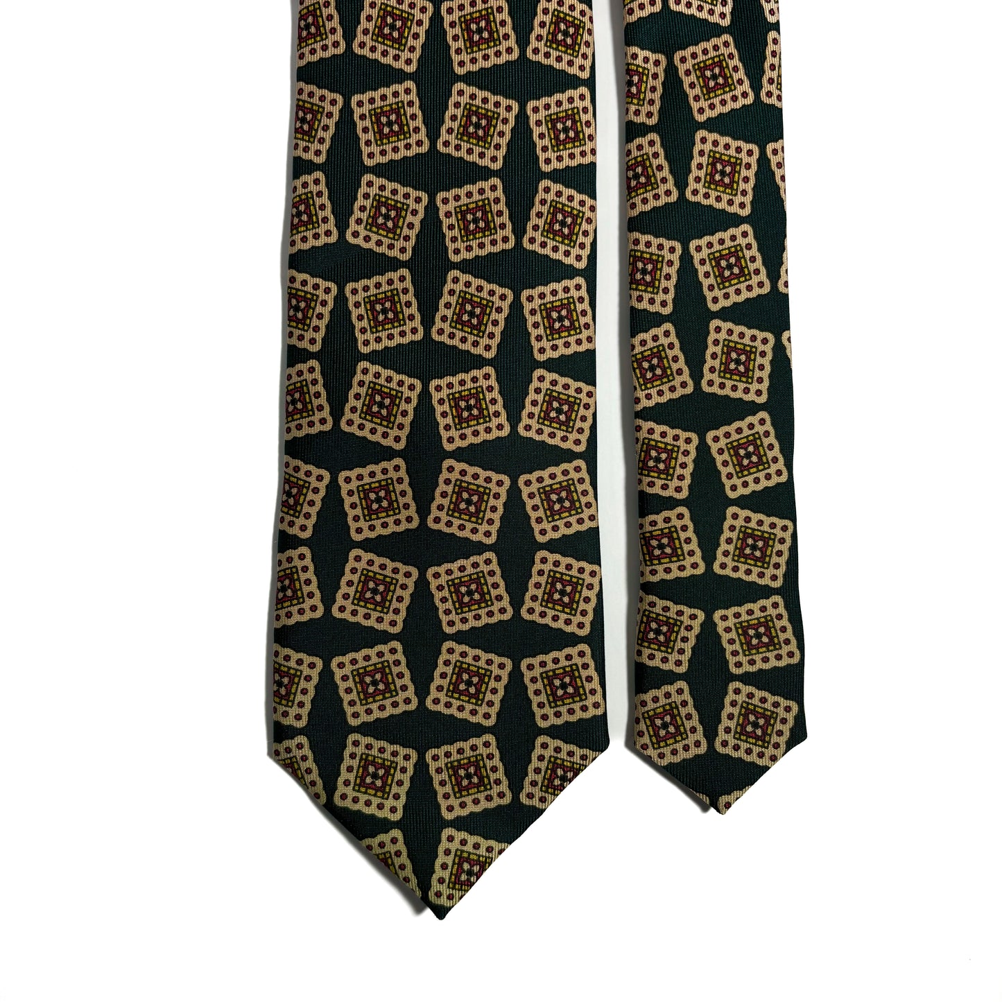 Hand-Printed Bottle Green Block Geometric Silk Tie