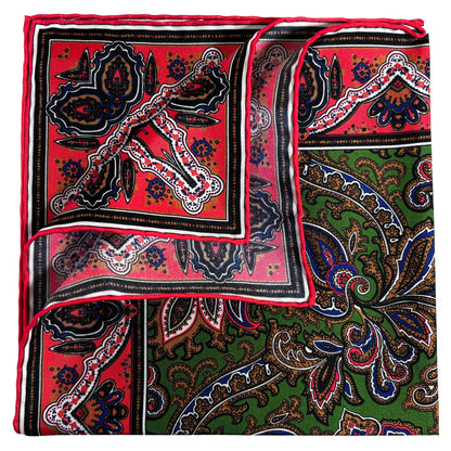 Green & Coral Red Paisley Silk Pocket Square