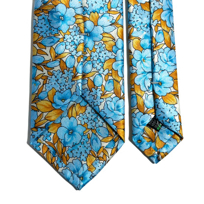 Light Blue & Gold Floral Motif Silk Satin Tie