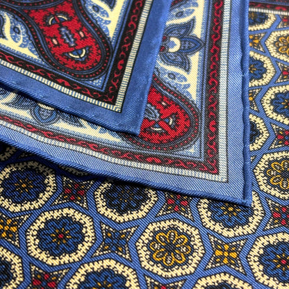 Light Blue & Cream Geometric Ancient Madder Silk Pocket Square