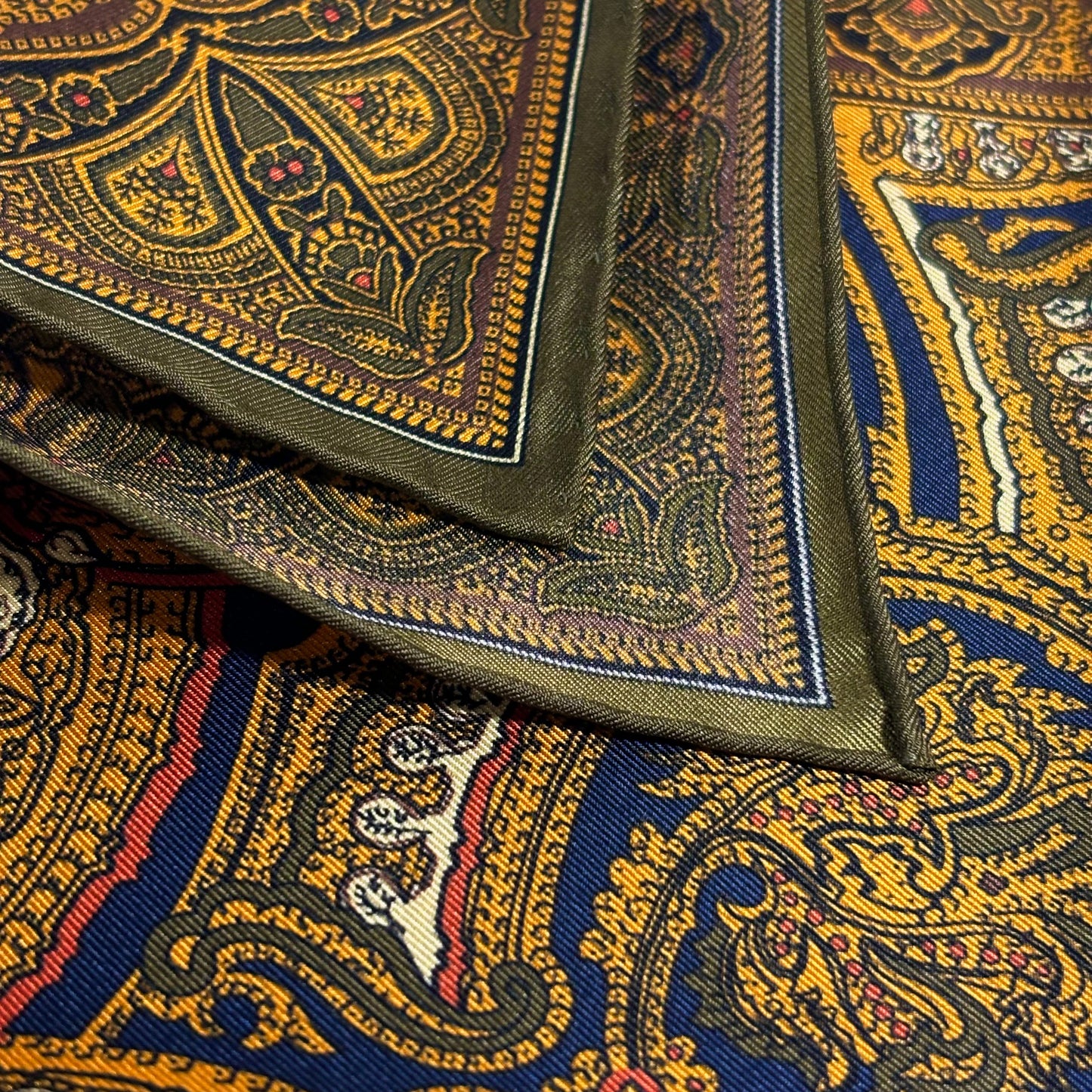 Gold & Olive Green Medallion Silk Pocket Square