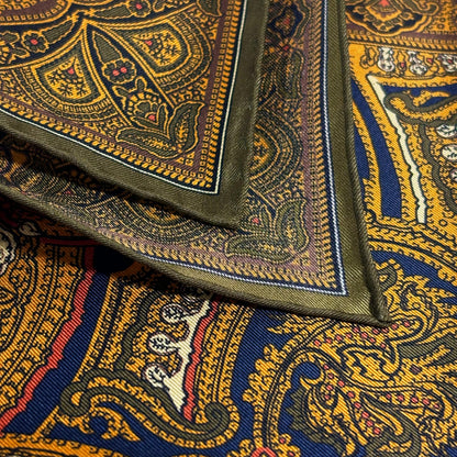 Gold & Olive Green Medallion Silk Pocket Square
