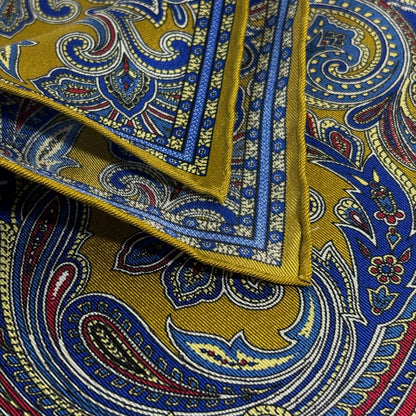 Golden Olive Green Paisley Silk Pocket Square