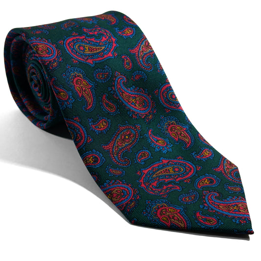 Hand-Printed Forest Green Paisley Silk Tie