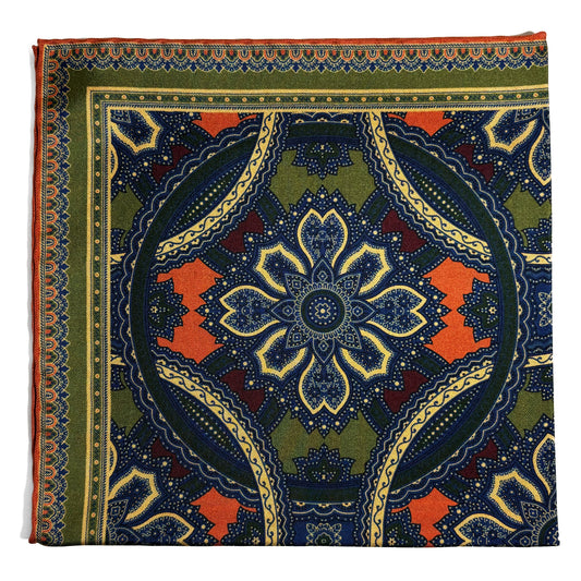 Olive Green & Orange Large Medallion Silk Pocket Square