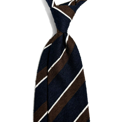Untipped Navy Blue / Brown Striped Silk Shantung Tie