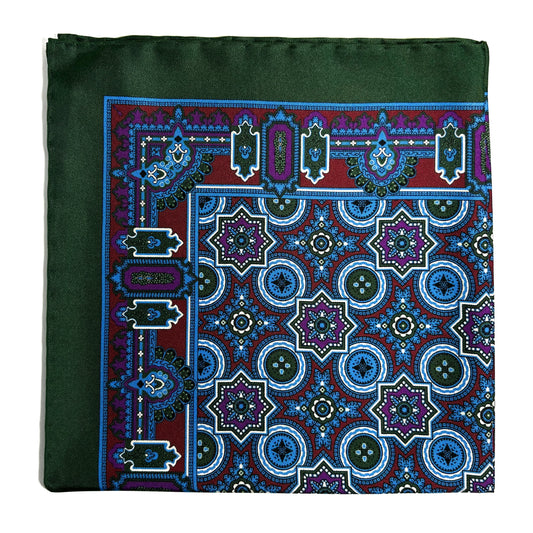 Green & Burgundy Geometric Silk Pocket Square