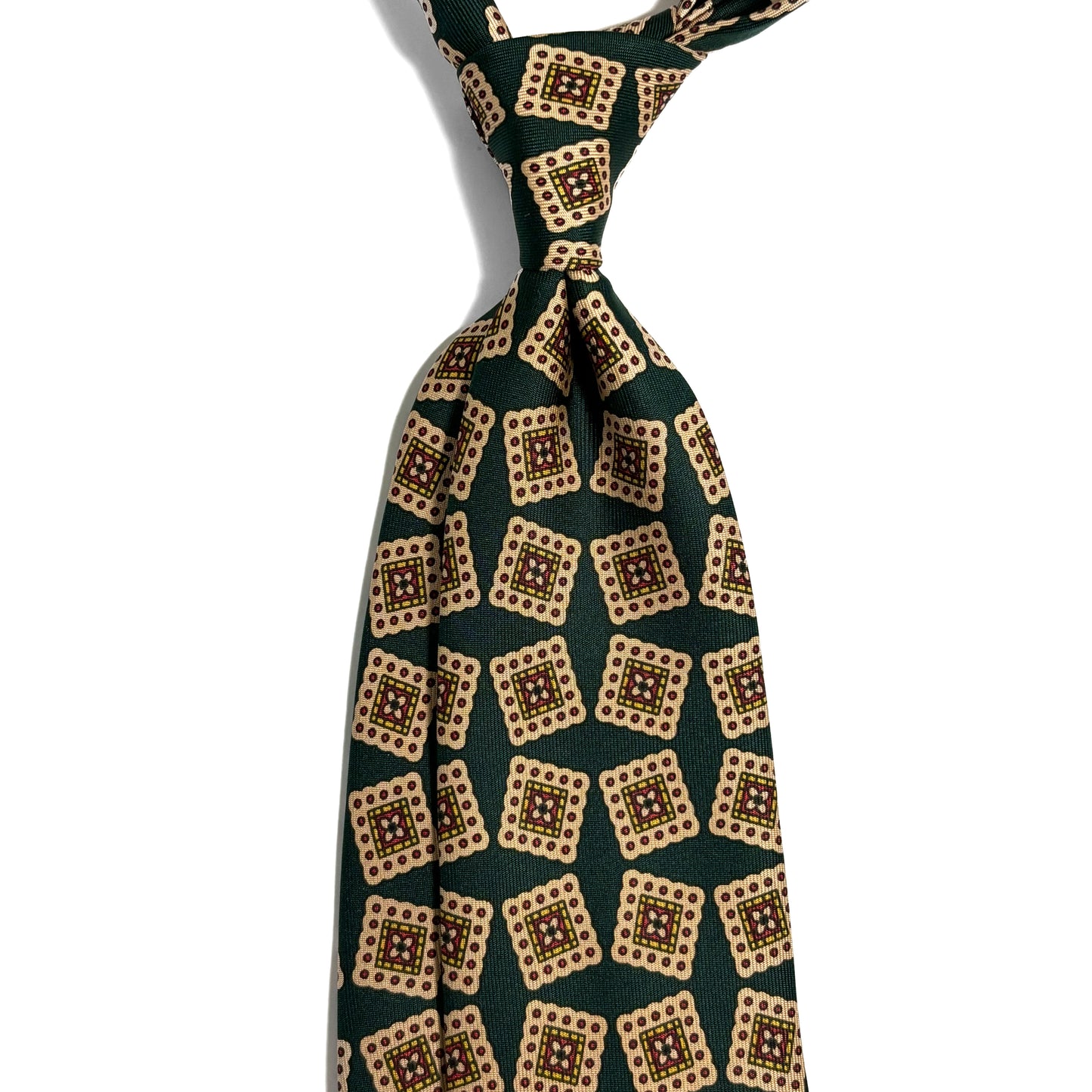 Hand-Printed Bottle Green Block Geometric Silk Tie