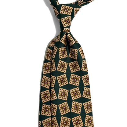 Hand-Printed Bottle Green Block Geometric Silk Tie