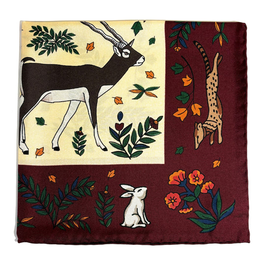 Ivory & Burgundy Gazelle Motif Ancient Madder Silk Pocket Square