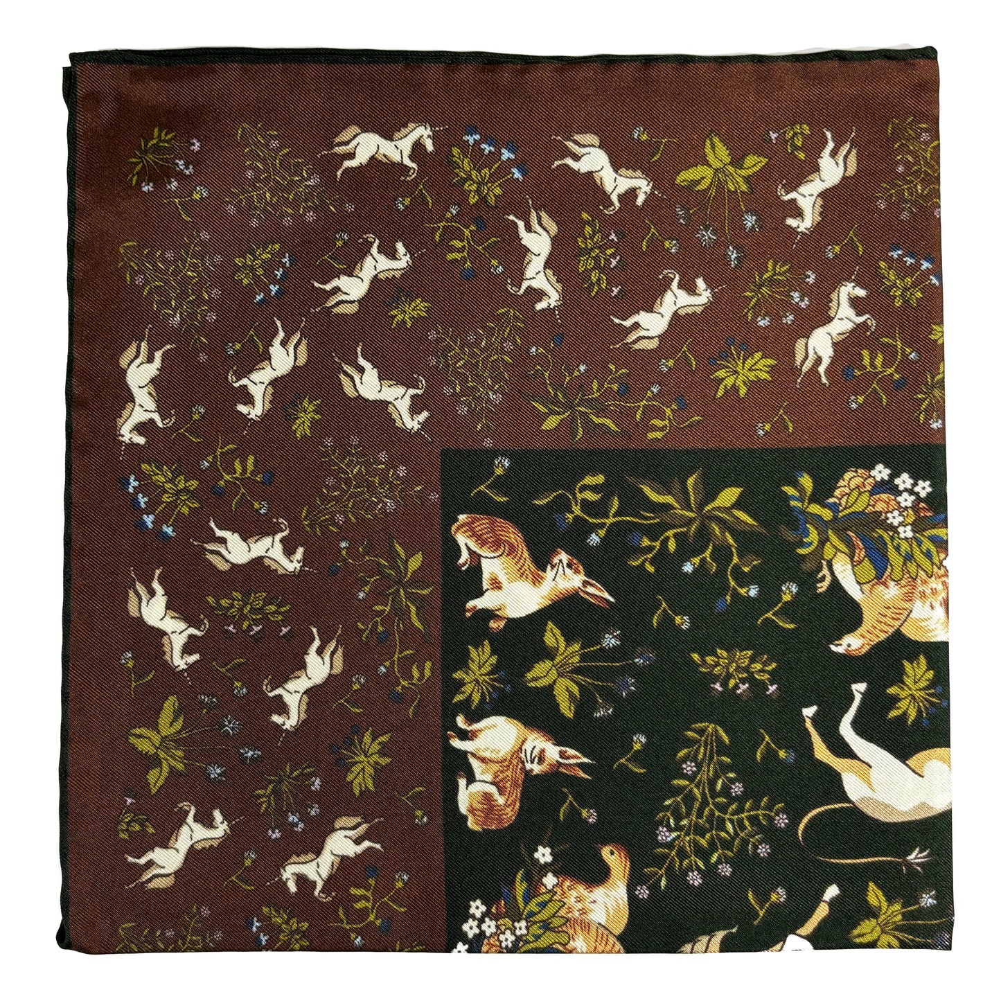 Forest Green & Brown Unicorn Motif Ancient Madder Silk Pocket Square