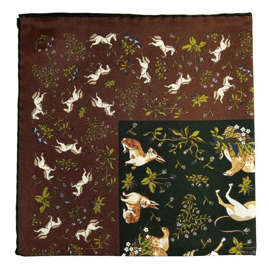 Forest Green & Brown Unicorn Motif Ancient Madder Silk Pocket Square