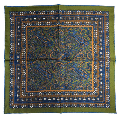Olive Green & Orange Paisley Silk Pocket Square