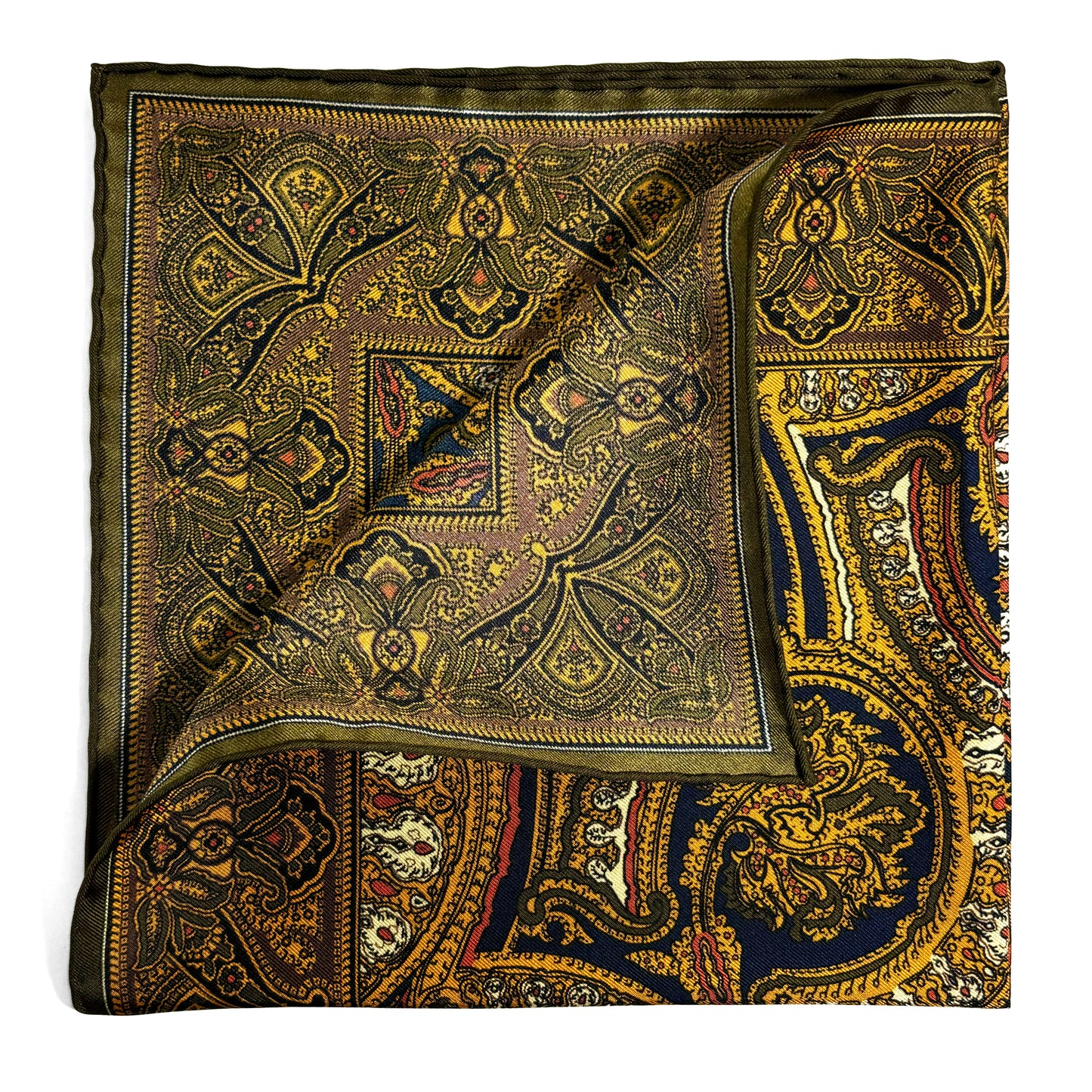 Gold & Olive Green Medallion Silk Pocket Square