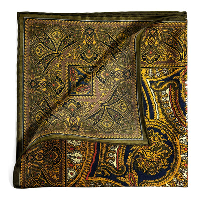 Gold & Olive Green Medallion Silk Pocket Square