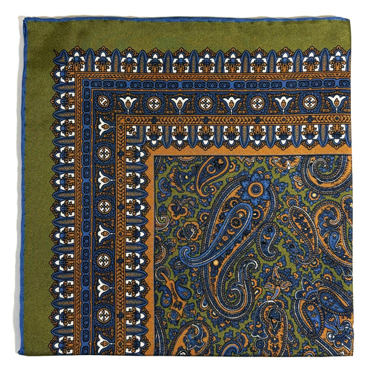 Olive Green & Orange Paisley Silk Pocket Square