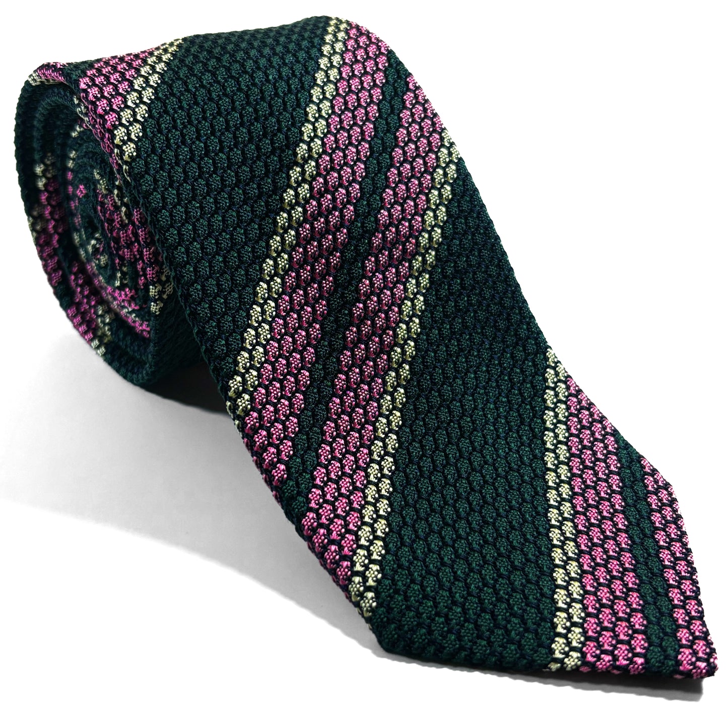 Forest Green & Pink Striped Silk Grenadine Tie (Garza Grossa)