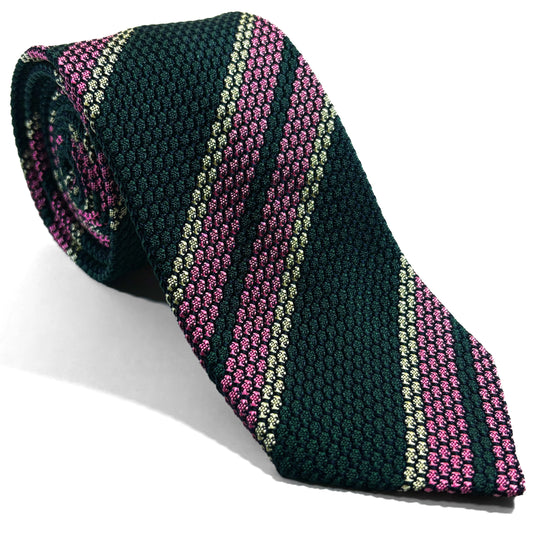 Forest Green & Pink Striped Silk Grenadine Tie (Garza Grossa)