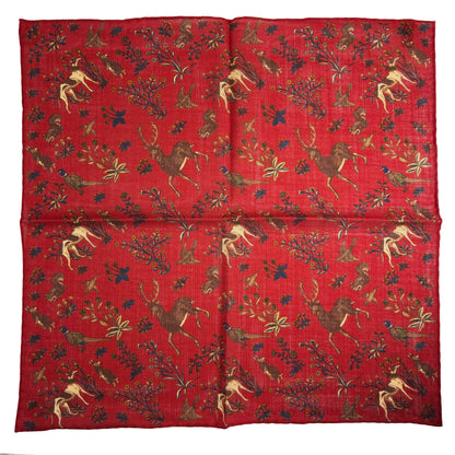 Terra - Floral Animal Motif - Red - Wool/Silk Pocket Square