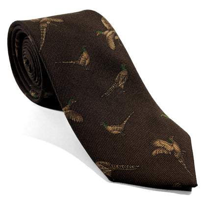 Brown Pheasant Print Italian Madder Silk Tie