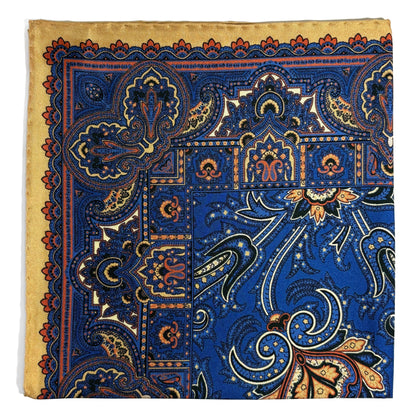 Egyptian Blue & Cream Floral Motif Ancient Madder Silk Pocket Square