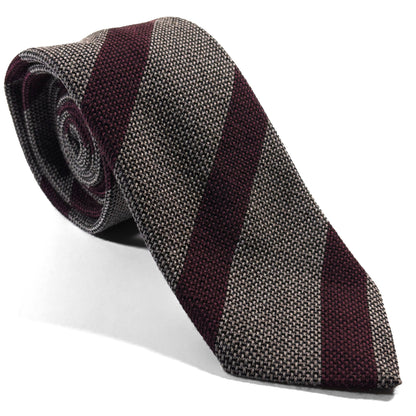 Beige & Burgundy Striped Wool/Silk Grenadine Tie