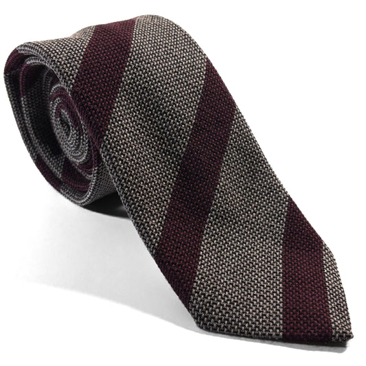 Beige & Burgundy Striped Wool/Silk Grenadine Tie