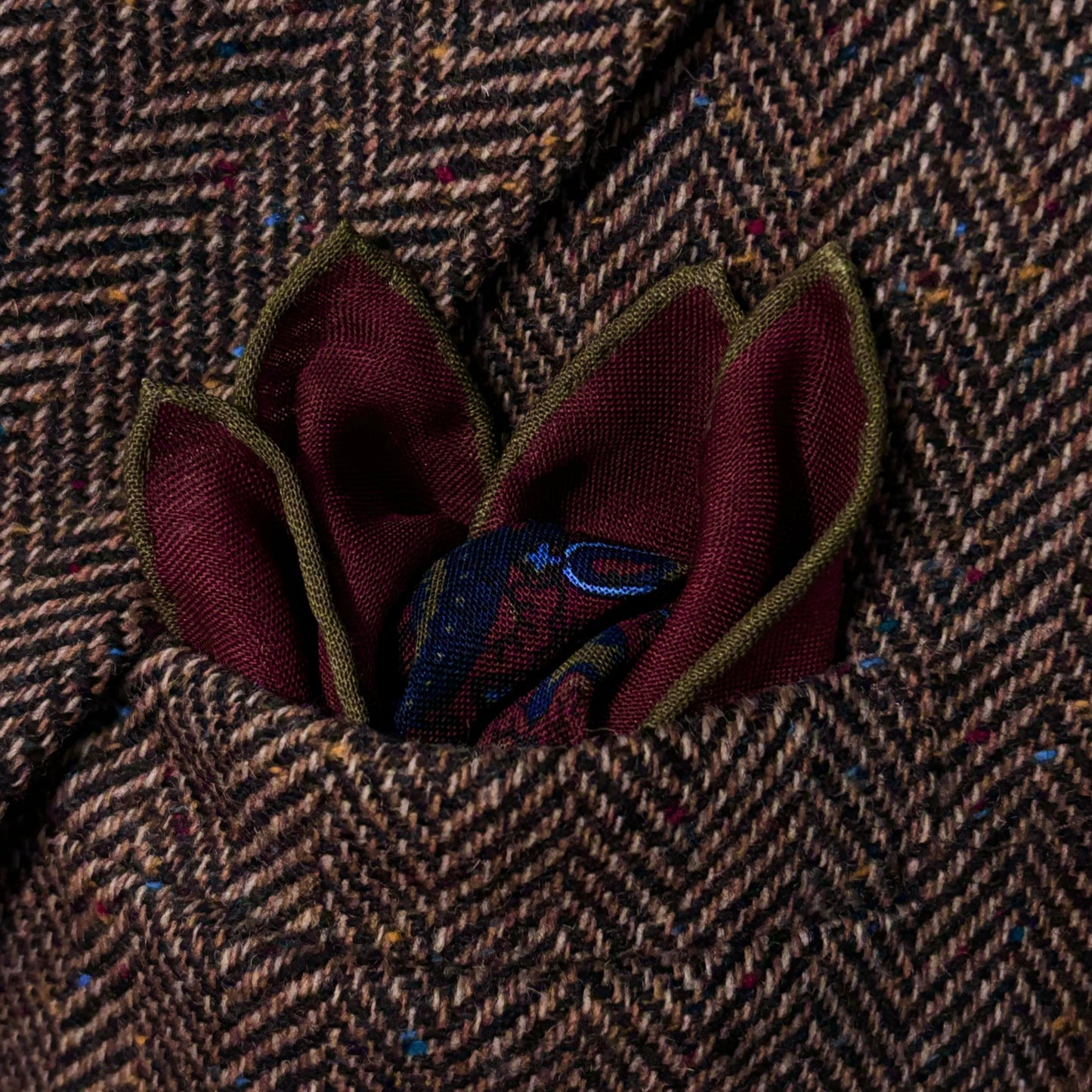 Dominus - Burgundy & Olive Green - Wool/Silk Pocket Square