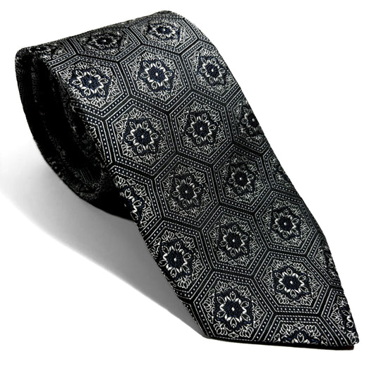 Silver & Black Medallion Jacquard Silk Tie