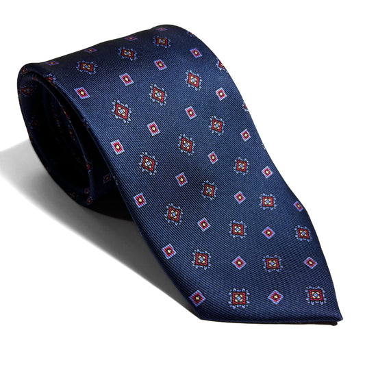 Navy Blue Geometric English Printed Silk Tie