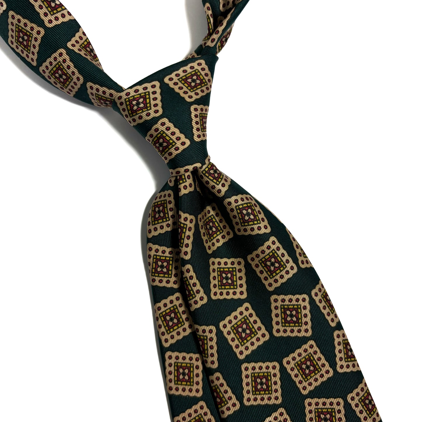 Hand-Printed Bottle Green Block Geometric Silk Tie