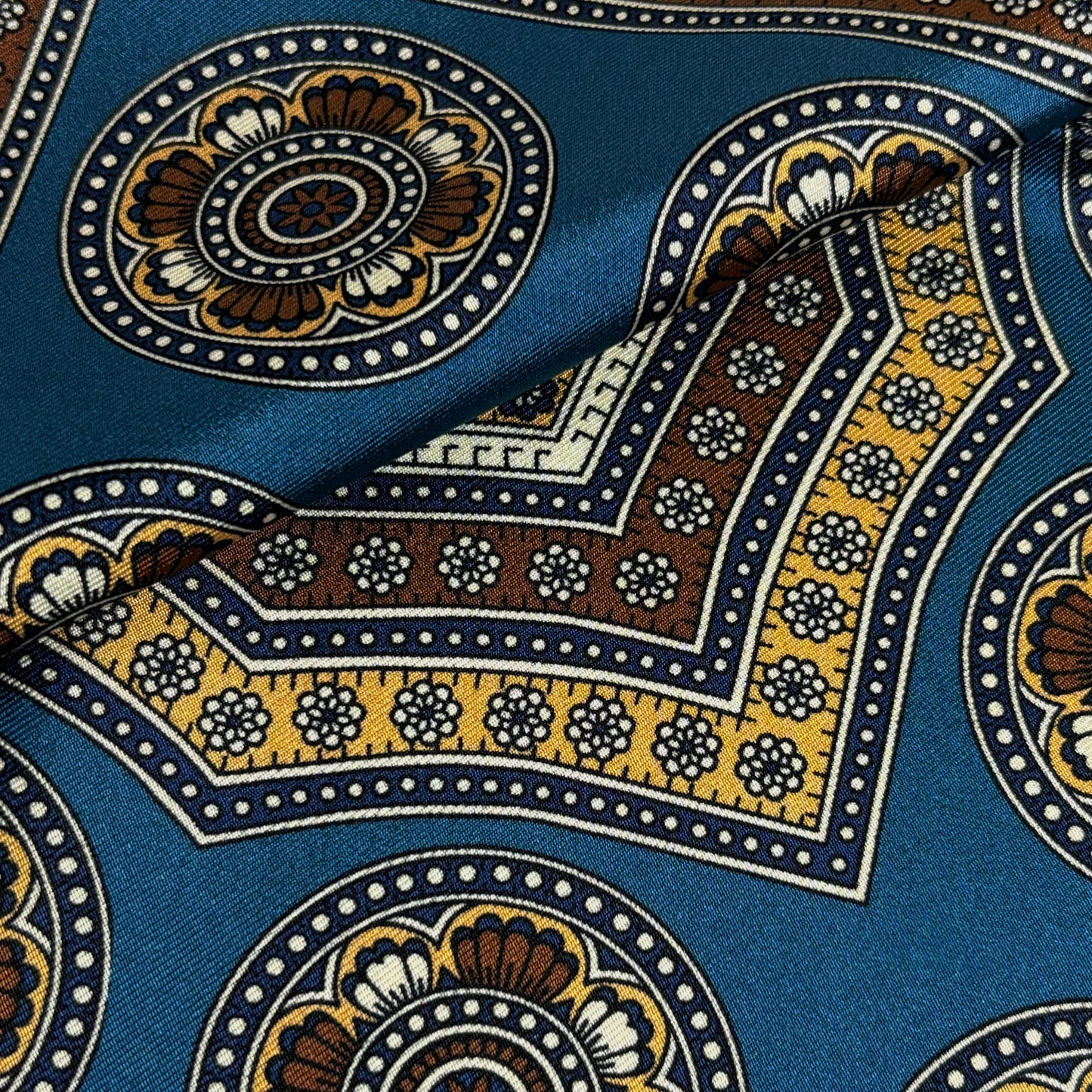 Prussian Blue & Beige Medallion Silk Pocket Square