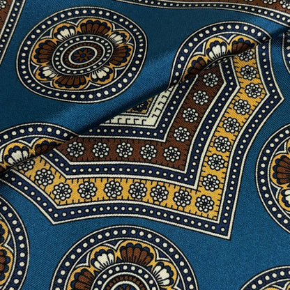 Prussian Blue & Beige Medallion Silk Pocket Square