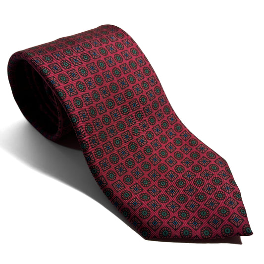 Hand-Printed Brick Red Geometric Silk Tie