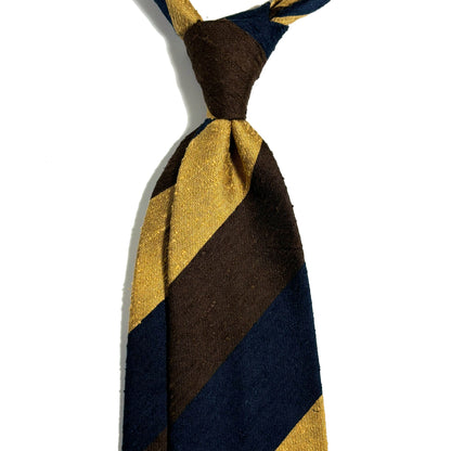Untipped Navy Blue / Gold / Brown Block Stripe Silk Shantung Tie
