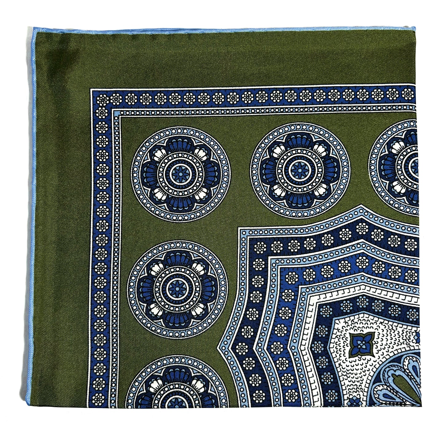 Leaf Green & Light Blue Medallion Silk Pocket Square