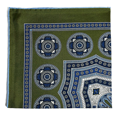 Leaf Green & Light Blue Medallion Silk Pocket Square