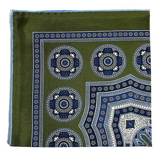 Leaf Green & Light Blue Medallion Silk Pocket Square