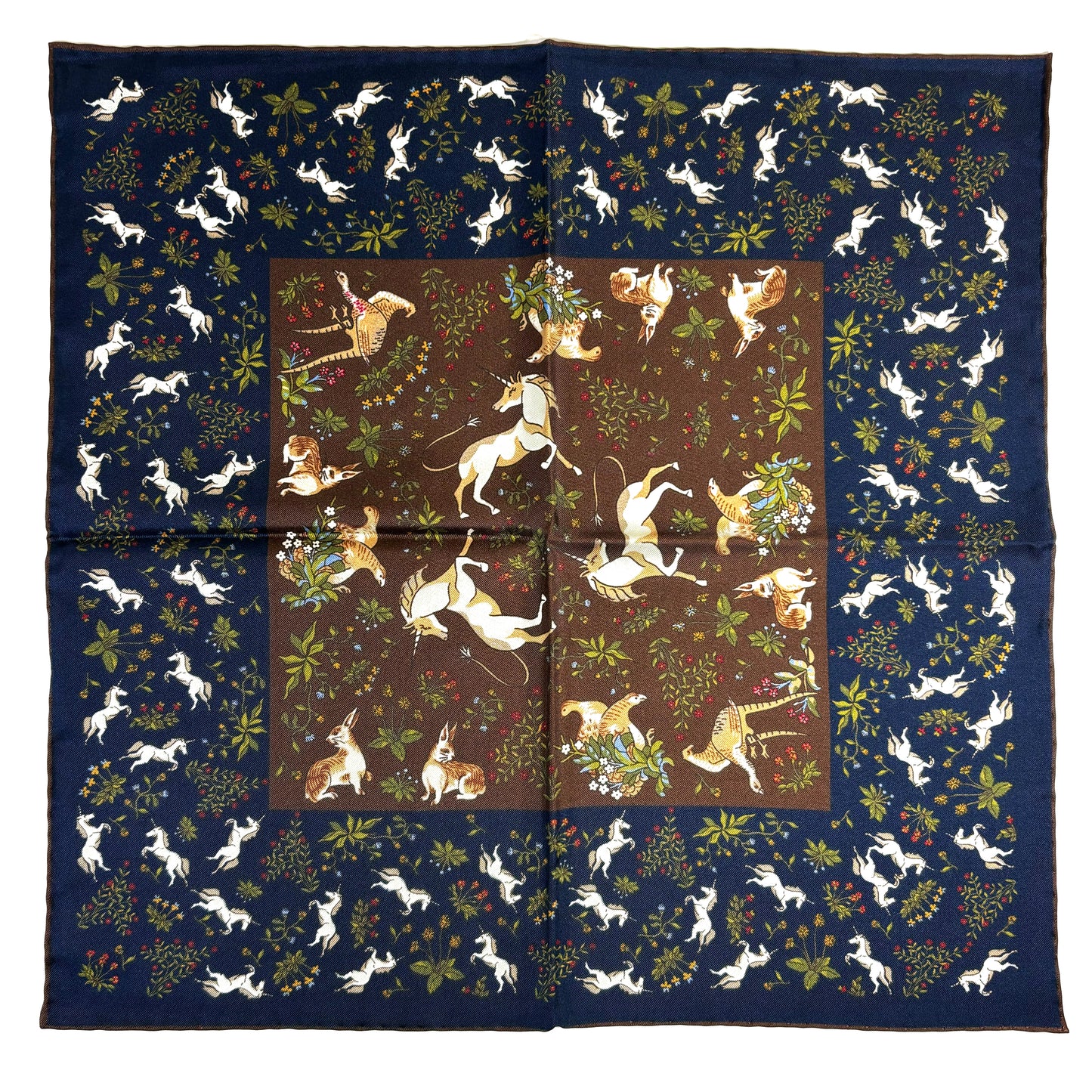 Navy Blue & Brown Unicorn Motif Ancient Madder Silk Pocket Square