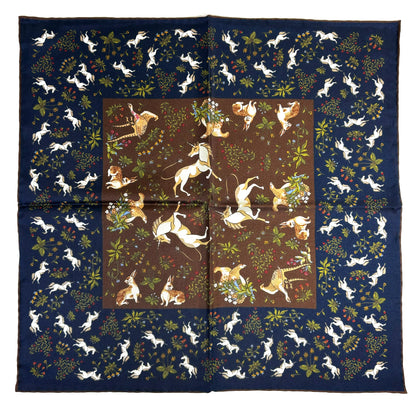 Navy Blue & Brown Unicorn Motif Ancient Madder Silk Pocket Square