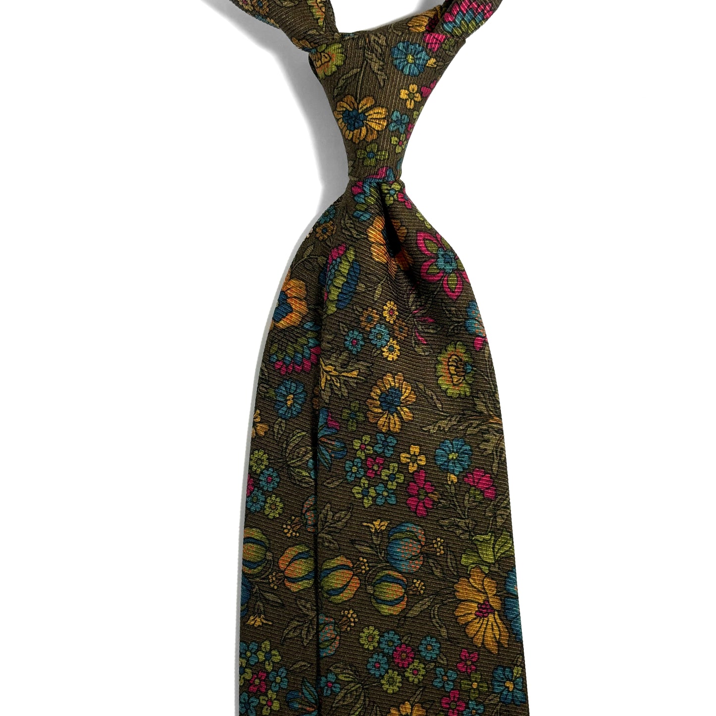 Olive Green Floral Motif Italian Madder Silk Tie