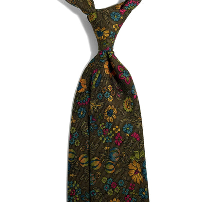 Olive Green Floral Motif Italian Madder Silk Tie