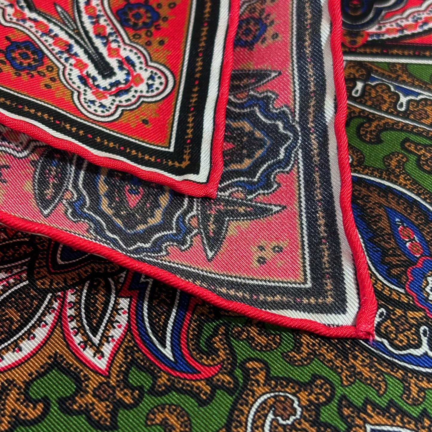 Green & Coral Red Paisley Silk Pocket Square