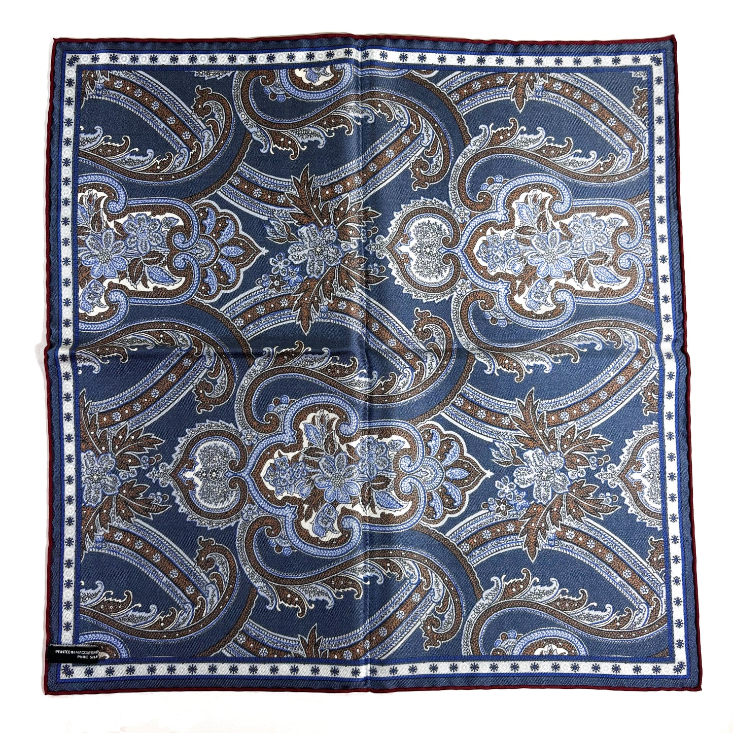 Navy Blue & Burgundy Floral Paisley Silk Pocket Square
